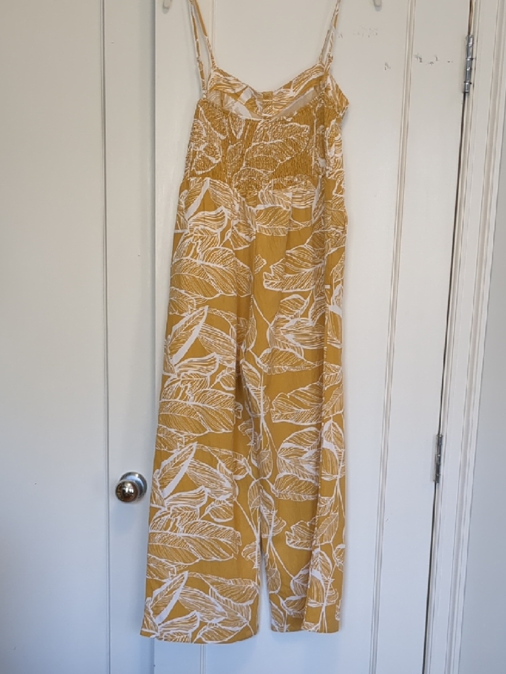 Mustard Yellow Leaf-Print Spaghetti Strap Jumpsuit - Picture 8 of 10